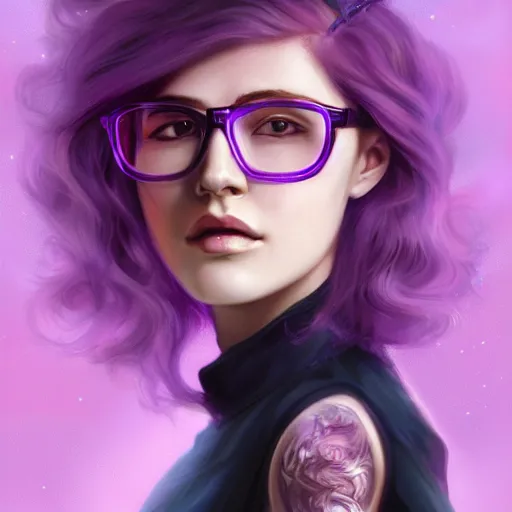 Prompt: portrait of a beautiful young woman with bright purple eyes and glasses, flowing pink hair, celestial background, detailed face, fantasy, highly detailed, cinematic lighting, digital art painting by artgem, trending on artstation, very very beautiful, very attractive, high fantasy