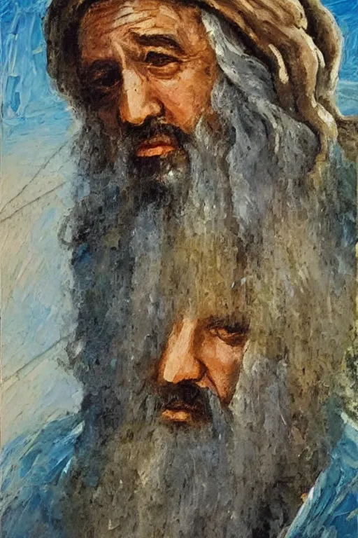 Prompt: highly detailed palette knife oil painting of a historically accurate depiction of the ancient biblical israeli prophet moses, thoughtful, by Peter Lindbergh, impressionistic brush strokes, painterly brushwork
