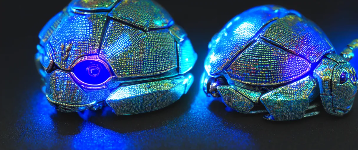 Prompt: highly detailed holographic cyborg scarab! high quality photo with jeweled gorgeous moody blue lighting octane low angle hd 8k sharp shallow depth of field