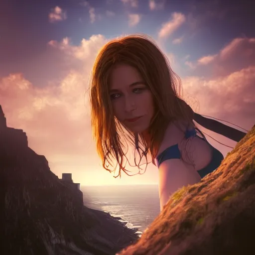 Prompt: woman staring out over the cliffs of dover, beautiful sunshiney day, active wear, hot air balloon, incredible detail, vray rendering, high octane, trending on artstation, high level detail, concept art, cinematic masterpiece, fineline artistry