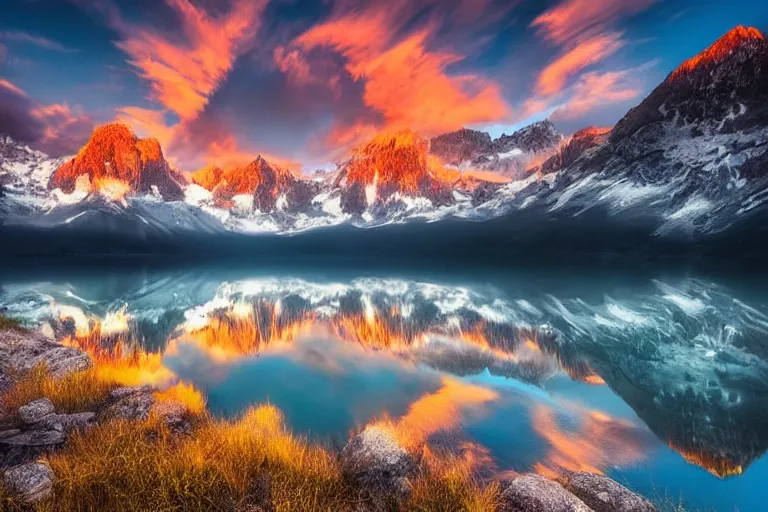 Image similar to amazing landscape photo of mountains with lake in sunset by marc adamus, beautiful dramatic lighting