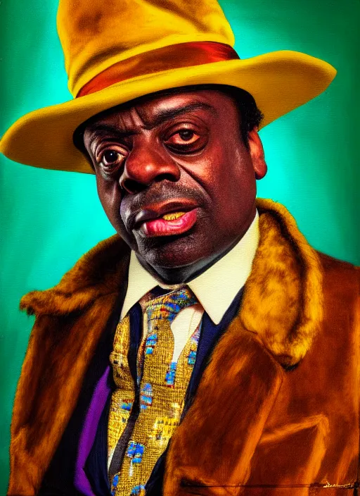 Image similar to portrait of del boy trotter, close up, high detail, radiant lighting, obscure render aesethic, magical background, gaudy colors, painting