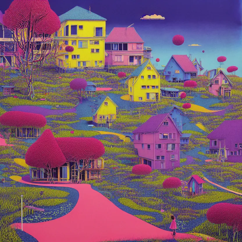 Prompt: surreal glimpse into other universe, 2 houses by kengo kuma, summer morning, very coherent and colorful high contrast, art by!!!! gediminas pranckevicius!!!!, geof darrow, floralpunk screen printing woodblock, dark shadows, hard lighting, stipple brush technique,