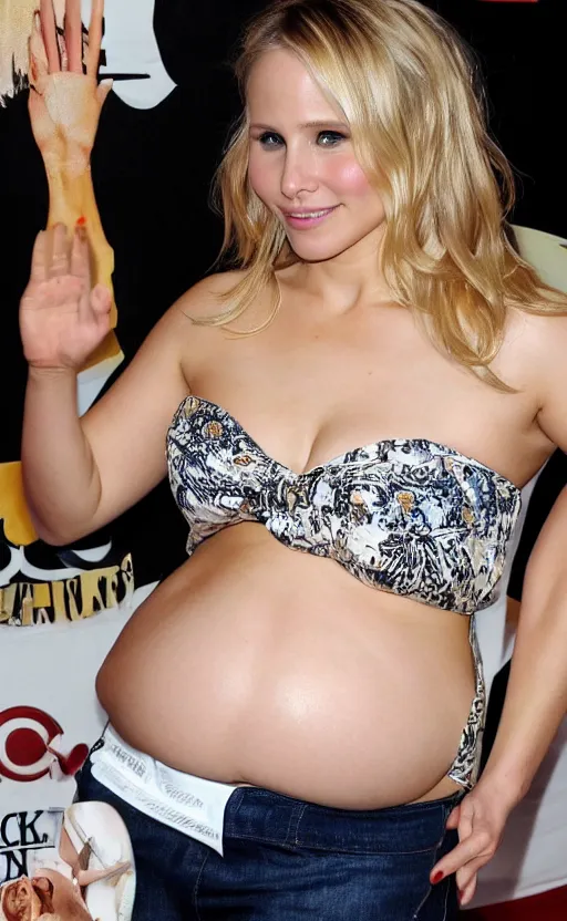 Prompt: sexy fat chonky thick chubby curvy kristen bell with a very big fat round hanging chubby belly, pov of grabbing her belly