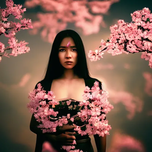 Image similar to masterpiece closeup portrait of a female angel with a dark armour a surreal landscape with Sakura blossoms, cinematic lighting, Jayison Devadas style, 8k