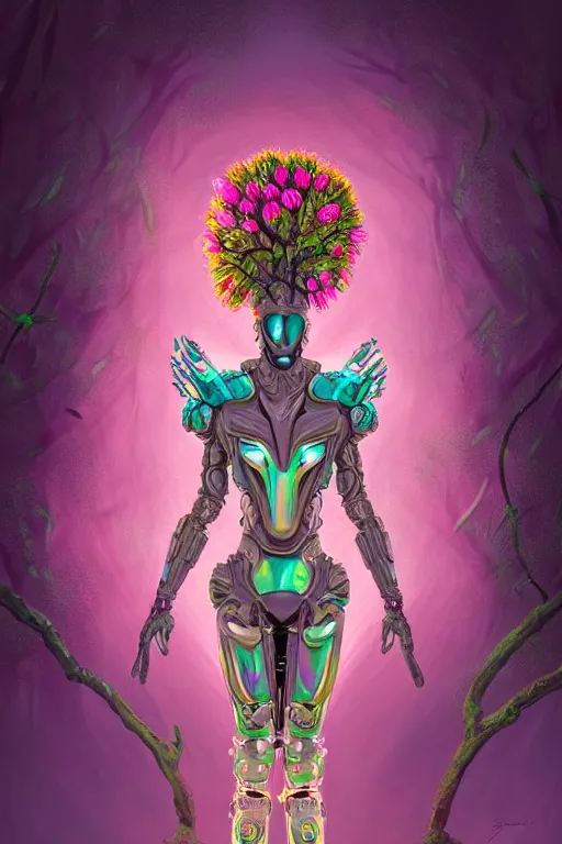 Image similar to illustration neo - baroque cinematic super expressive! yoruba goddess with exoskeleton armor, merging with tree in a forest, pink yellow flowers, highly detailed digital art masterpiece, smooth etienne sandorfi eric zener dramatic pearlescent soft teal light, ground angle uhd 8 k, sharp focus