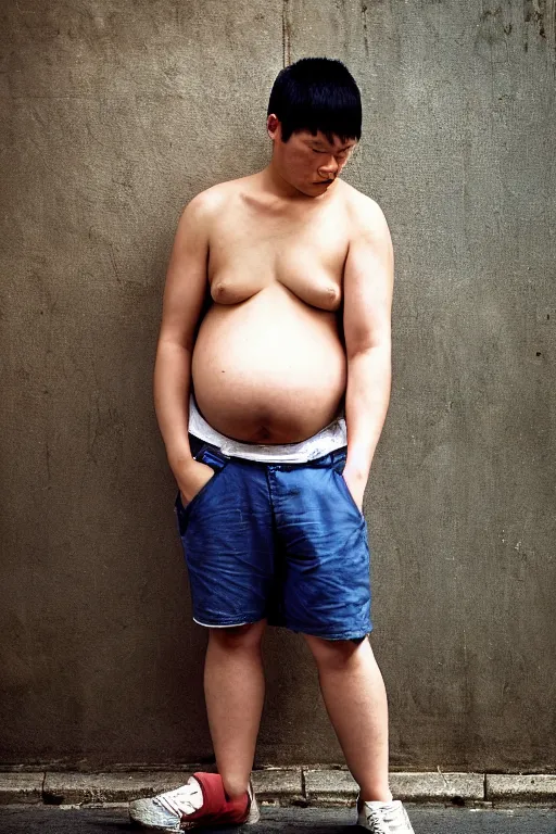 Prompt: Full-length portrait of a handsome!! young pregnant!! male on the streets of Hong Kong, with a big round belly, talking on his phone, wearing shorts, 2008, ultra detailed photograph, photographed by Annie Leibovitz and Steve McCurry