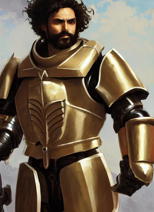 Image similar to medium-length portrait of a male paladin with short curly hair and a dark beard, dark brown skin, happy expression, wears a suit of power armor, gundam, holding buster sword aloft, medieval setting, highly detailed, digital painting, artstation, concept art, sharp focus, illustration, art by greg rutkowski and alphonse mucha