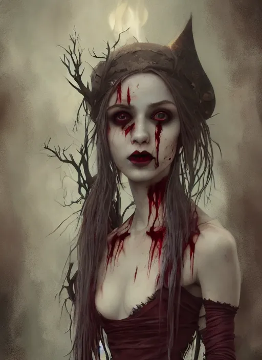 Image similar to beautiful, very very very extreme closeup portrait, bloody, vampire girl, extreme blood, vampire fangs, medieval dress. witch, makeup. unreal engine, greg rutkowski, loish, rhads, beeple, tom bagshaw, alphonse mucha, global illumination, detailed and intricate environment
