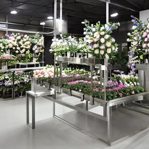 Image similar to flower shop design by white science labotory, made of stainless steel