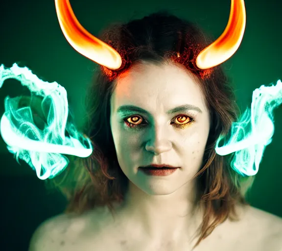 Image similar to portrait of a woman with horns made of flames and glowing green eyes, in the wisps of thick smoke, looking into the camera, studio photography, studio lighting, realistic render, octane render, 4 k, 8 k, face in focus