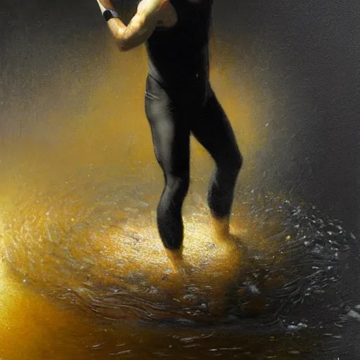 Image similar to man stuck in liquid black asphalt, digital painting by Gaston Bussiere, photorealistic