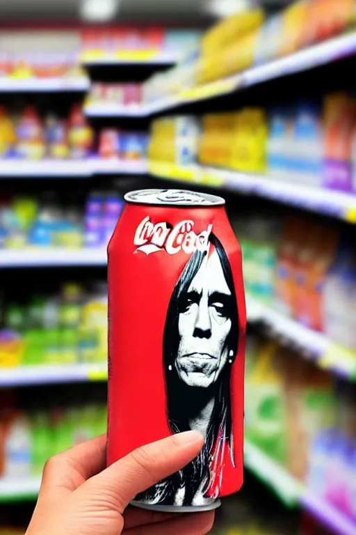 Image similar to a hand holding a tall soda can with iggy pop's face on the label, inside a supermarket