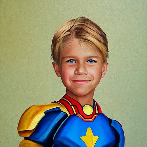 Prompt: a cute seven year old boy with tousled blonde hair and blue eyes wearing an iron man costume without the helmet, beautiful painting by magali villanueve and raymond swanland