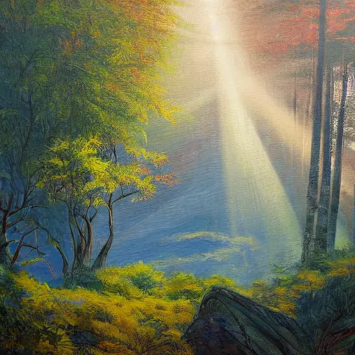 Prompt: a giant mirror on a mountain reflecting sunlight between the leaves of a tree in the foregrund, nostalgic painting, calm lighting, low incidence of artistic fog