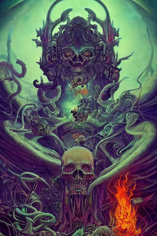 Prompt: gigantic psychedelic demonic cosmic skull of death and fire, fantasy painting, ultra realistic, wide angle, art nouveau, intricate details, digital painting, rainbowshift, vivid colors, highly detailed by peter mohrbacher, h. r. giger, maxfield parrish, craig mullins, octane render, cgi