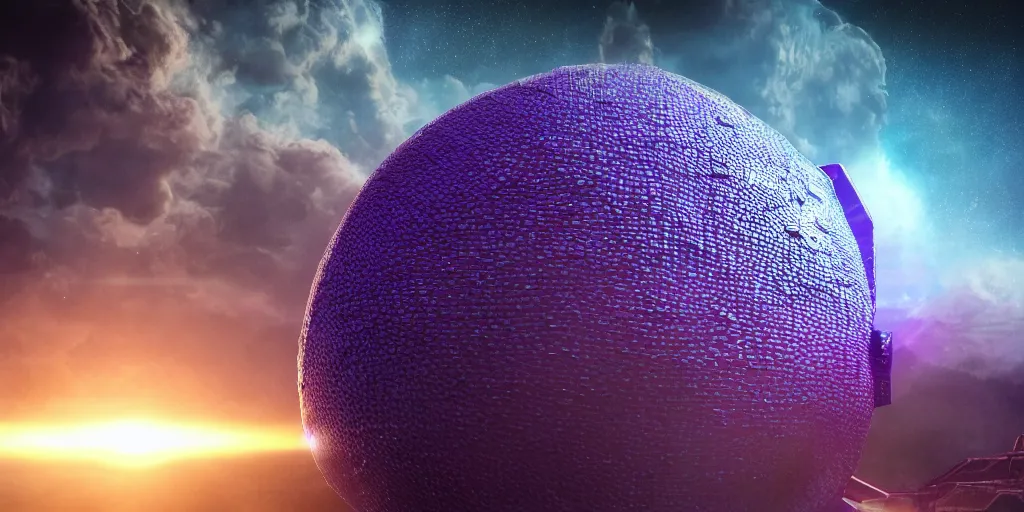 Prompt: a photo of 8k ultra realistic sphere spaceship made of huge dragon scales, purple and blue neon, cinematic lighting, trending on artstation, 4k, hyperrealistic, focused, extreme details, unreal engine 5, cinematic, masterpiece