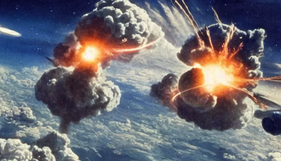 Prompt: big budget movie about a world war 2 atom bomb battle in space