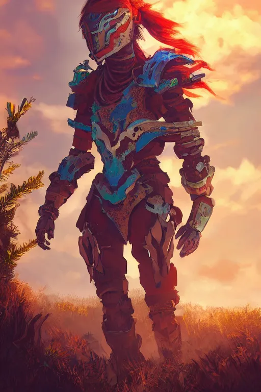 Image similar to combination suit armor aloy horizon forbidden west horizon zero dawn radiating a glowing aura global illumination ray tracing hdr fanart arstation by ian pesty and alena aenami artworks in 4 k tribal robot ninja mask helmet backpack