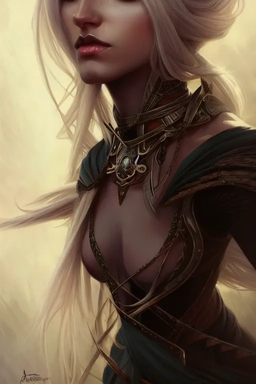 Image similar to drow hunter, fantasy, amber eyes, face, long hair, intricate, elegant, highly detailed, digital painting, artstation, concept art, smooth, sharp focus, illustration, art by artgerm and greg rutkowski and alphonse mucha