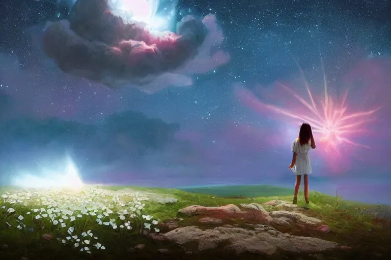 Image similar to giant white daisy flower over head, girl standing on rocky cliff, surreal photography, super nova, milky way, dramatic light, impressionist painting, colorful clouds, digital painting, artstation, simon stalenhag