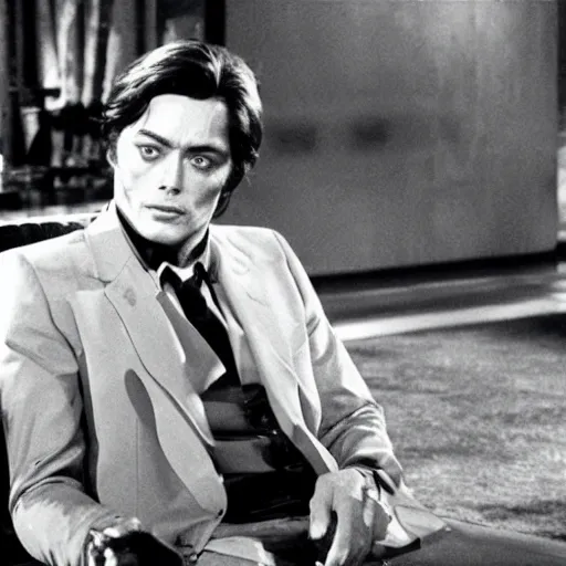 Image similar to film still of alain delon in shark tank