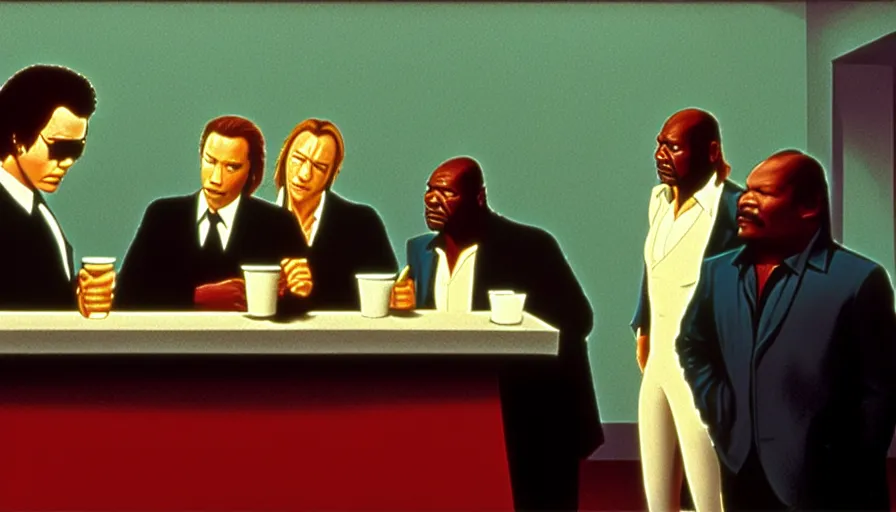 Prompt: jules from pulp fiction, christopher walken, gary oldman and ving rhames. in line at big kahuna burger. by edward hopper