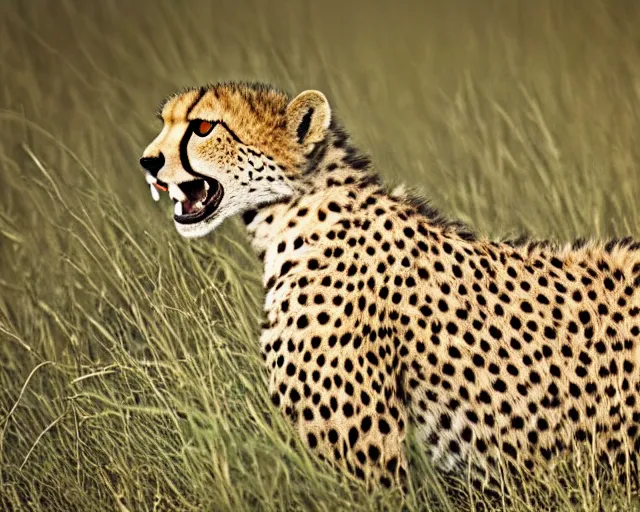 Prompt: cheetah laughing in the savannah, close up, nature shot