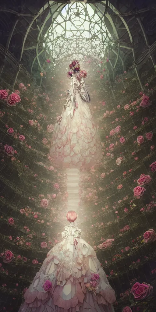 Image similar to the beautiful hyper detailed clothing of a rose wedding gothic lolita dress clothing design display in exhibition hall, exhibition hall lighting, in the style of makoto shinkai victo ngai and peter mohrbacher studio ghibli artgerm karol bak beeple, surrealistic style, 8 k hd, 3 drender, hyperdetailed