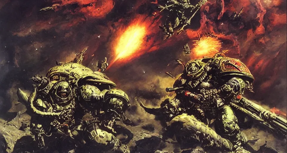 Image similar to space marine taking cover from a dragon breathing acid, action shot by Frazetta