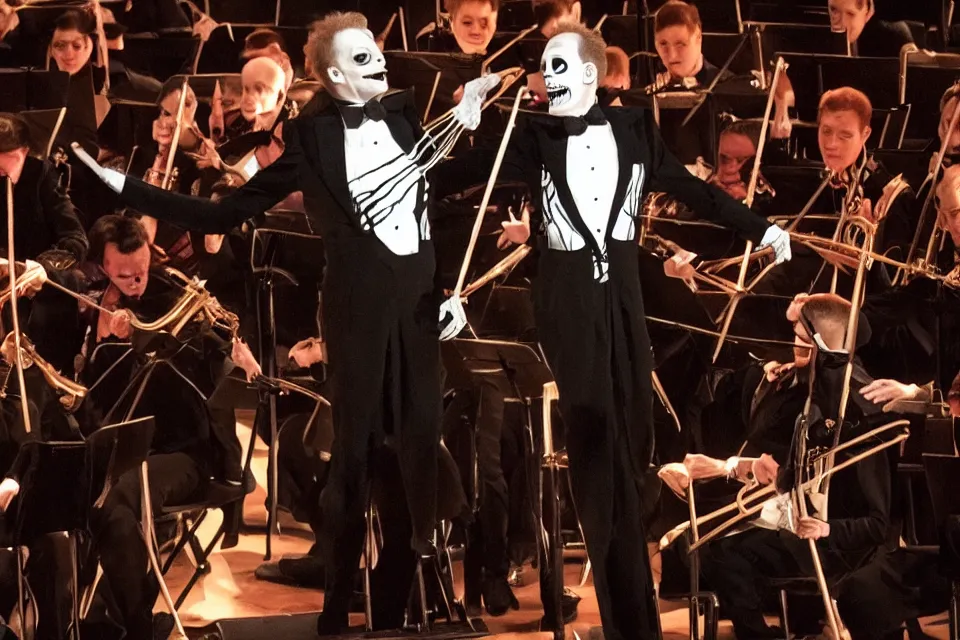 Image similar to Danny Elfman performing a duet with Jack Skellington with an orchestra of the dead