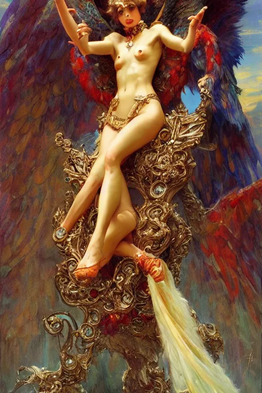 Image similar to full body portrait of harpie queen astride her throne, highly detailed painting by gaston bussiere, craig mullins, j. c. leyendecker, 8 k, mid shot