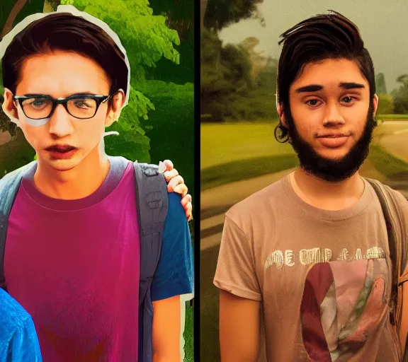 Image similar to a side by side comparison portrait of a typical millennial and a typical gen z at 2 1 years old, in the style of an original beeple digital art painting