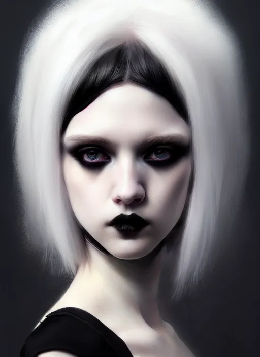 Image similar to portrait of white teenage girl, normal face, white bangs, mall goth, cyberlox, black and white hair, bangs, fluffy bangs, intricate, elegant, highly detailed, digital painting, artstation, concept art, sharp focus, smooth, illustration, art by wlop, mars ravelo and greg rutkowski