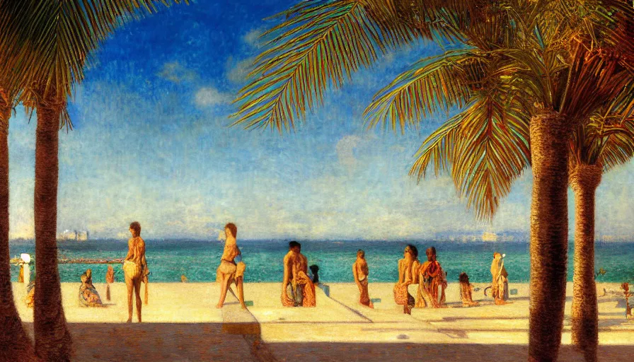 Image similar to a ultradetailed beautiful painting of the megastructure amazonas palace balustrade designed by jules bastien - lepage, tarsila do amaral, frank weston and gustave baumann, beach, trending on artstation, mediterranean, palm trees, sharp focus, colorful refracted sparkles and lines, soft light, 8 k 4 k