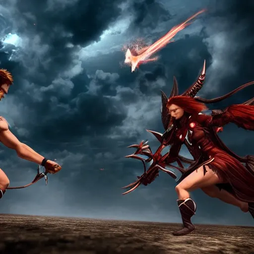 Prompt: an epic battle between a female angel and male demon locked in mortal combat flying through the air, cinematic, excellent lighting, fully rendered, clouds in the background