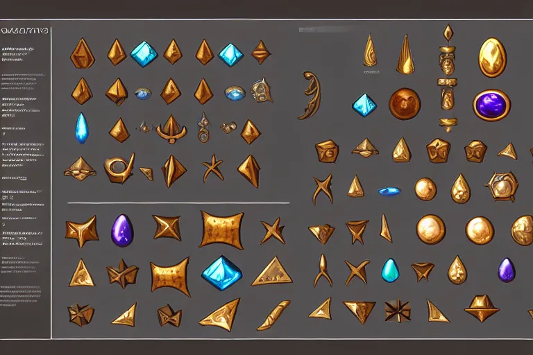 Image similar to design sheet of various alchemist tools, magic gems, props