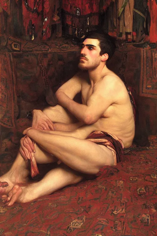 Image similar to attractive male, orientalist intricate portrait by john william waterhouse and edwin longsden long and theodore ralli and nasreddine dinet, hyper realism, dramatic lighting