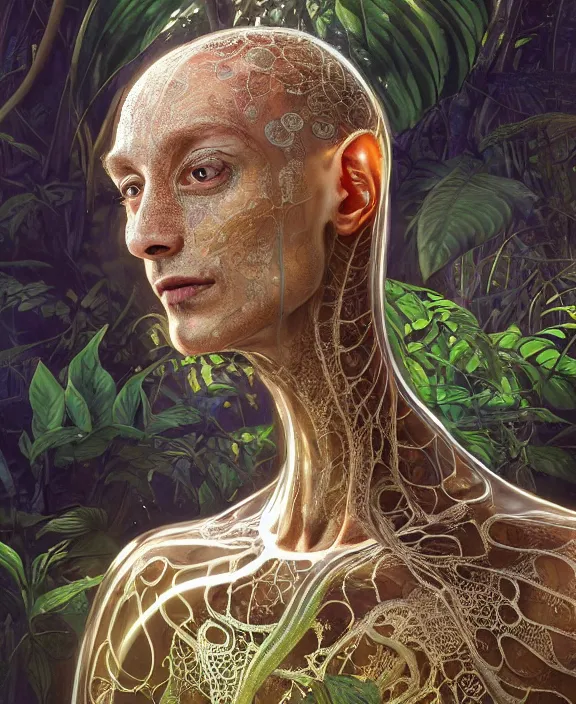 Image similar to intricate ornate opulent transparent clear see - through portrait of a terrifying beautiful skinny male alien centipede, mottled coloring, adorable, childlike, overgrown jungle environment, ultra realistic, concept art, art nouveau, photorealistic, octane render, 8 k, unreal engine. art by christopher marley and artgerm and greg rutkowski and alphonse mucha