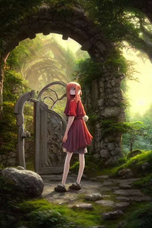 Image similar to a highly detailed matte painting of a teenager with shaggy hair and hip clothes standing in front of a stone gate in the elven forest ruins, by studio ghibli, by artgerm, by wlop, by greg rutkowski, red tones, volumetric lighting, octane render, 4 k resolution, trending on artstation, masterpiece