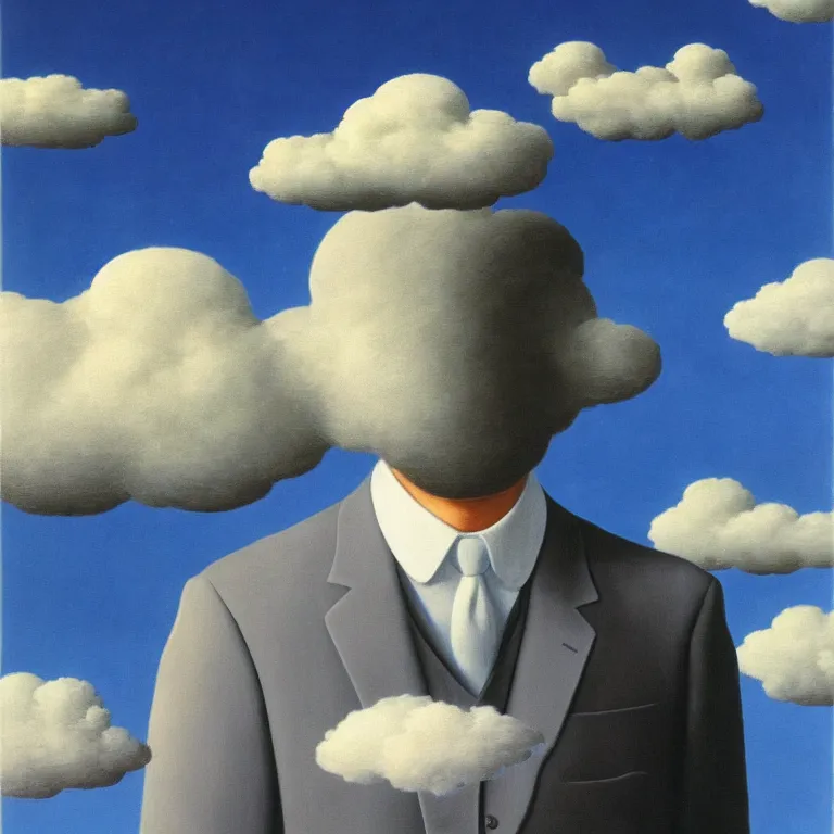 Image similar to cloud - man, by rene magritte, centered, detailed painting, hd, hq, high resolution, high detail, 4 k, 8 k