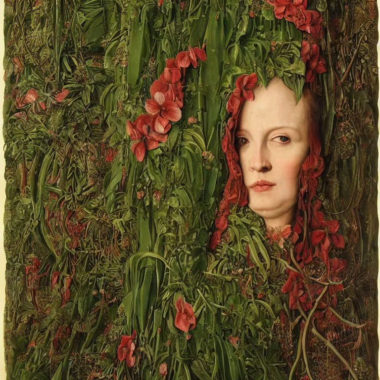 Image similar to a animalistic woman with her skin covered in plant patterns, her face looks like an orchid, huge plants tower around her, jan van eyck, max ernst, trending on artstation, 8 k