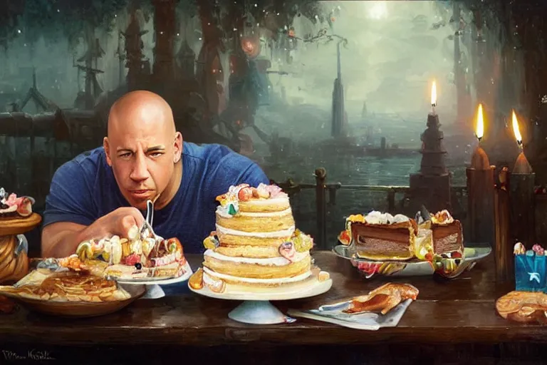 Image similar to portrait of vin diesel eating cake alone wearing a birthday hat, an oil painting by ross tran and thomas kincade