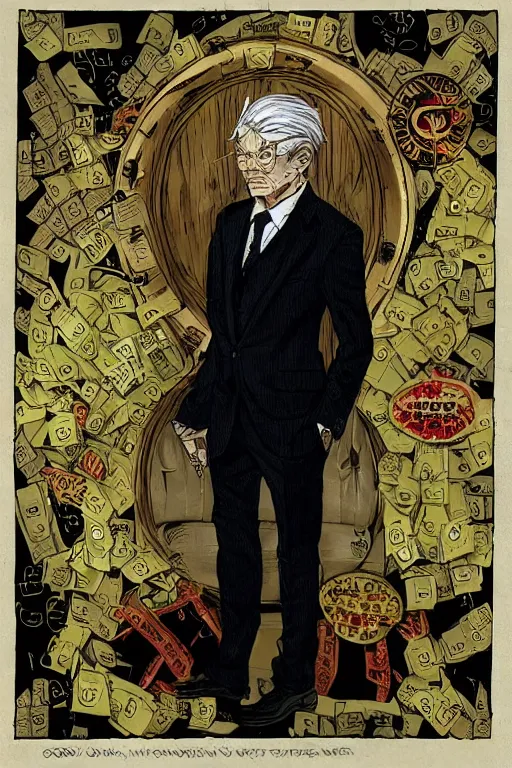 Prompt: a very wealthy old man in an expensive tailored suit representing the embodiment of greed, seven deadly sins