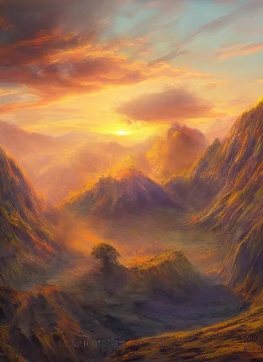 Image similar to a beautiful concept art painting of a sunrise on a peruvian landscape, beautiful lighting, fantasy art