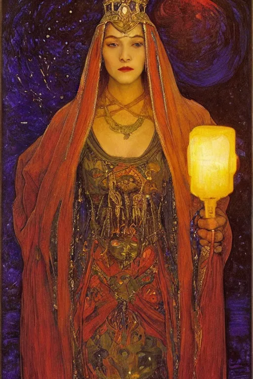 Prompt: queen of the night with her lantern and regalia, by Annie Swynnerton and Nicholas Roerich and jean delville, dramatic cinematic lighting , ornate headdress , flowing robes, lost civilizations, extremely detailed