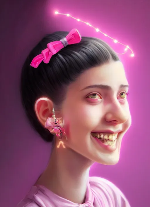 Image similar to portrait of high school girl, realistic, black hair, bangs, half updo hairstyle, pointy nose, skinny, smile, ugly, defined jawline, big chin, pink hair bow, earrings, intricate, elegant, glowing lights, highly detailed, digital painting, artstation, sharp focus, illustration, art by wlop, mars ravelo and greg rutkowski