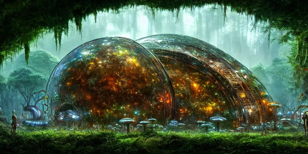 Prompt: a very colossal shining chrome metal arch is surrounded by jungles and mushrooms, retro - futuristic, science - fantasy, rusted, fungal, salt, lgbt, queer, rpg, epic, dungeons & dragons, sacred, sharp focus, award - winning, extremely detailed, 4 k, 8 k