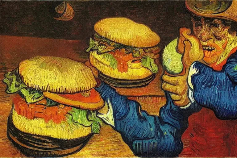 Prompt: Hamburger eaters by Van Gogh and Rembrandt, oil painting, bright colors, high contrast, hyper detailed