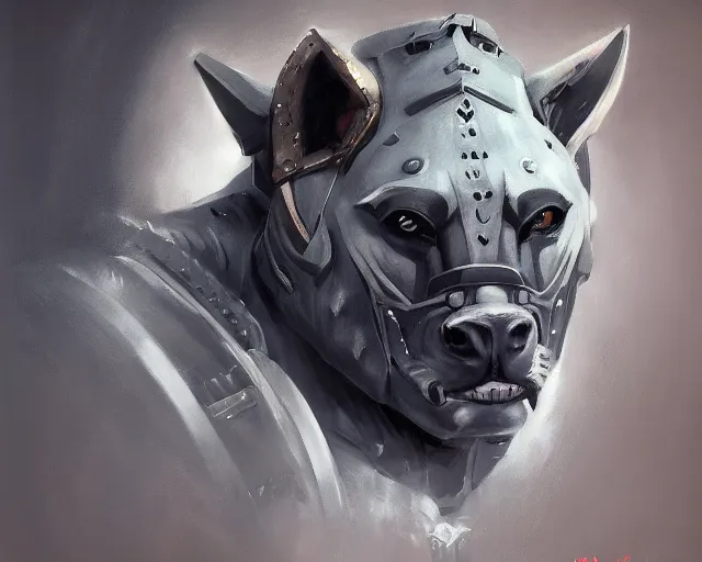 Image similar to A detailed matte oil on canvas head on symmetrical portrait of an armored paladin with the head of a hyena, by Charlie bowater, Lise Deharme, Wlop, trending on artstationhd, dungeons and dragons art, critical role